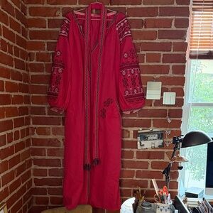 Ukraine Vyshyvanka dress pink Embroidered Long Dress Size L new- Linen Ethnik